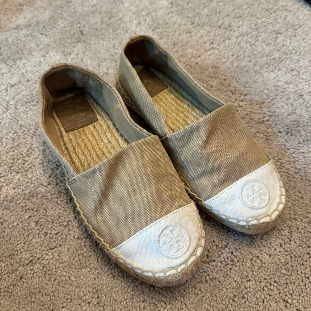 Tory Burch Beige Canvas Espadrille Flats with White Toe Cap